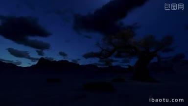 孤独的树在夜晚被群山<strong>包围</strong>时间流逝的云